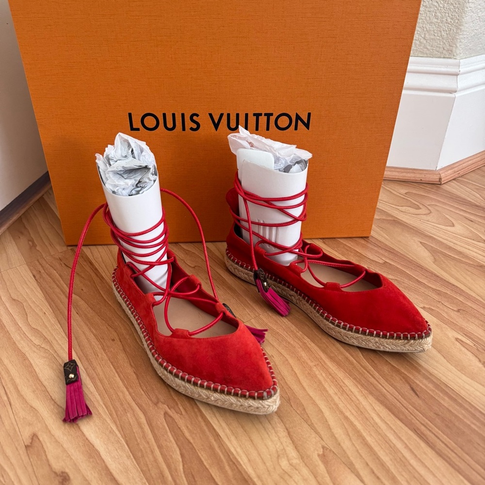 Louis Vuitton Red Suede Lace Up Espadrille Flats - Picture 3 of 14